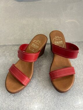 Italian Shoemakers Red Leather Double-Strap Wedge Slides